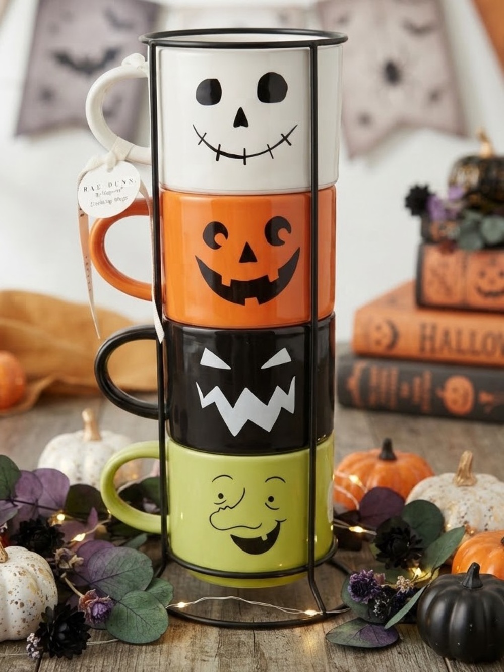 NWT RAE DUNN MUGS SET/4 HALLOWEEN STACKABLE W/RACK